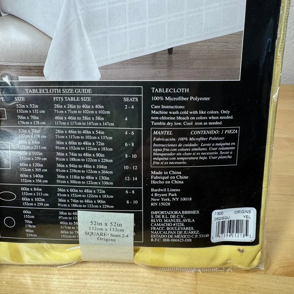 Origins Microfiber Tablecloth Yellow Square 52x52‎ Spill Proof Checkered NOS